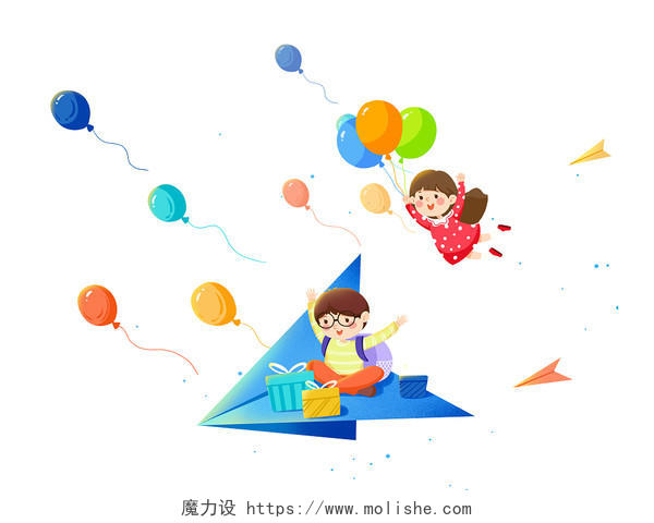 彩色手绘卡通六一儿童节儿童人物纸飞机飞翔元素PNG素材